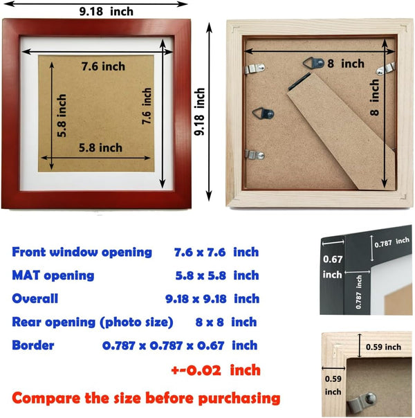 ZXTparts 8x8 Picture Frames with 6x6 Opening Mat. 8x8 Red Square Photo Frame Matte. Solid Wood The Tabletop or The Wall.The Plastic Panel.The