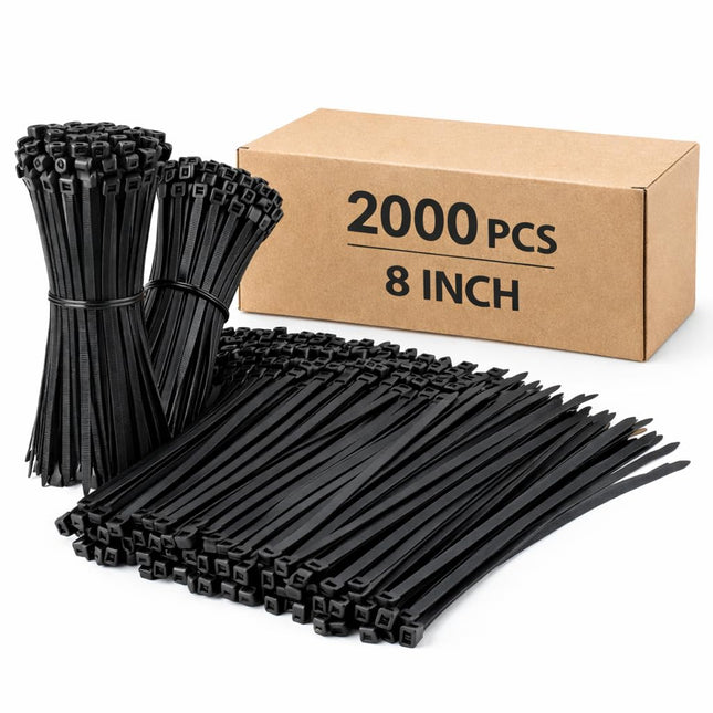 Black Zip Ties 8 Inch 2000 Pack Bulk Heavy Duty Self Locking Zipties 8" UV Resistant Nylon Cable Ties Wire Ties Wraps Te