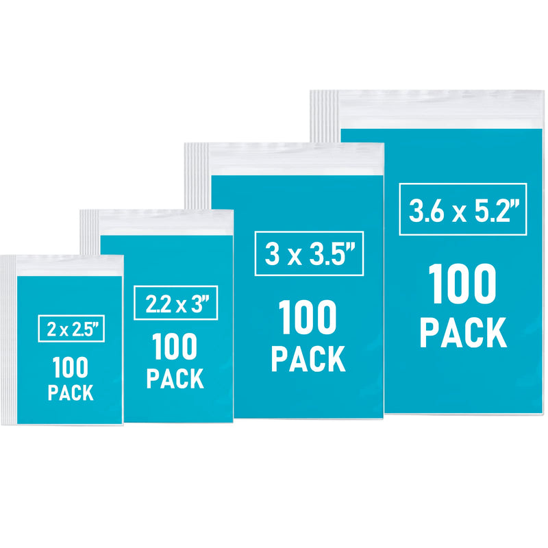 Small Plastic Bags, 400 PCS Mini Baggies, 4 Assorted Sizes, Transparent Jewelry Bag, Mini Bag, Resealable Poly Bags for Pill, Beads, Screws, Packaging
