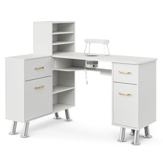 Paddie L-Shaped Manicure Table Nail Station with Shelves, Nail Tech Table Nail T