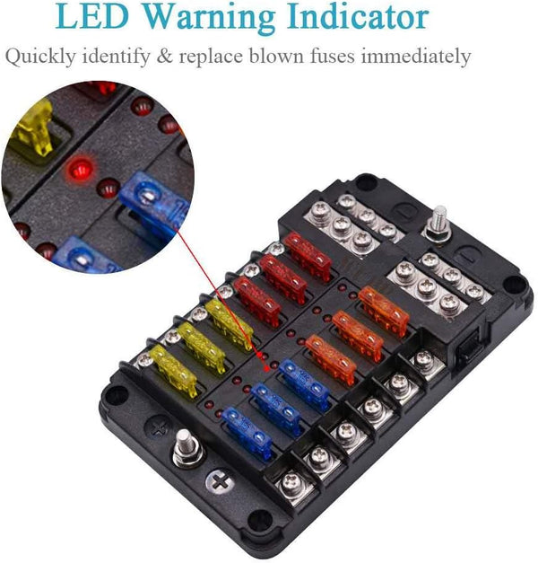 WUPP Boat Marine Fuse Block Panel with LED Warning Indicator Damp-Proof Cover - 12 Circuits with Negative Bus Fuse Box Holder Screw for Car Marine