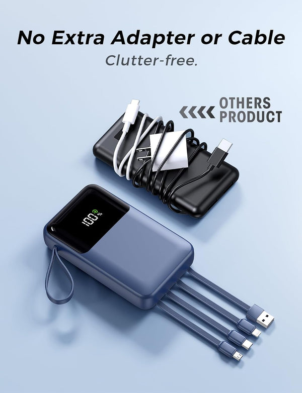 Portable Charger with Built in Cable, 15000mAh Power Bank, 22.5W Fast Charging, 6 Outputs, Slim Travel Essential Battery Pack with LED Display,