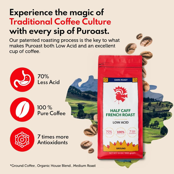 Puroast Low Acid Coffee Half Caff | Half Caff French Roast Ground | Dark Roast | High Antioxidants & High pH |No Bitter Aftertaste | Reduced