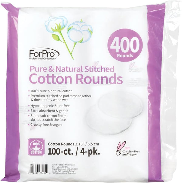 ForPro Pure & Natural Stitched Cotton Rounds for Face (400-Count), 100% Pure Cotton Makeup Remover Pads, Hypoallergenic, Lint-Free, Vegan &