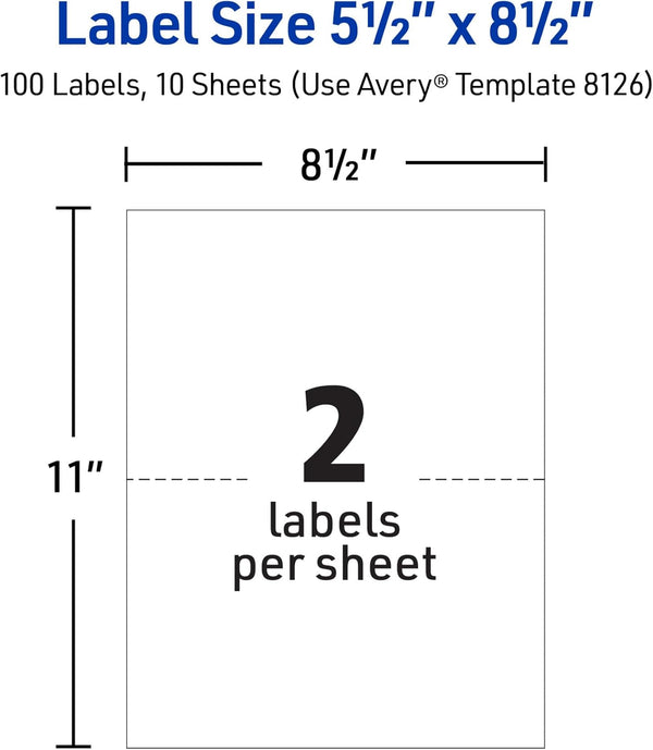 Avery Half-Sheet Printable Shipping Labels, 5.5" x 8.5" Customizable Stickers, White, 50 per Pack, 100 Blank Mailing Labels Total, Great for