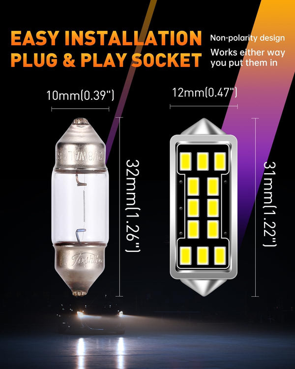 DE3175 DE3021 LED Dome Light Bulbs 640 Lumens Extremely Bright 3020 12-EX Chipsets 1.25 inches 31mm DE3022 3175 LED Bulbs for Interior Map Door