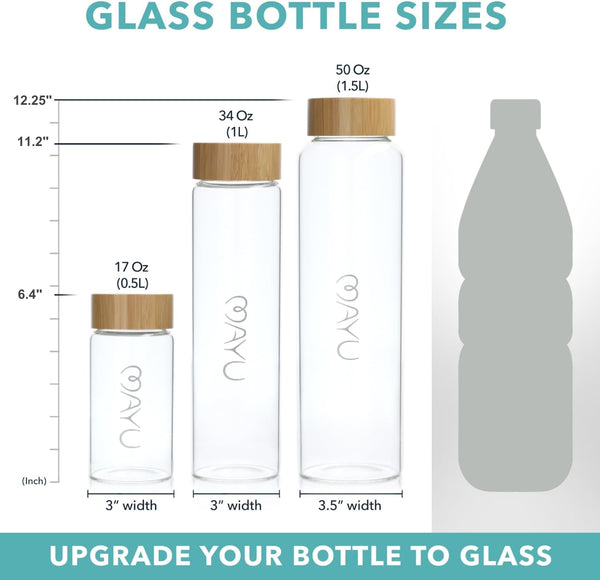 Mayu Water Bottle with Bamboo Lid, Eco Friendly & BPA Free, Plastic Free Borosilicate Glass Bottle - Zero Leak Design - for Outdoor Picnic,