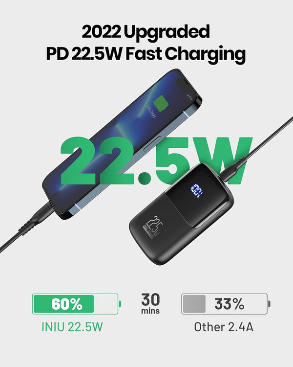 INIU Portable Charger, Smallest 22.5W 10000mAh Power Bank, USB C in/Output Fast Charging 3-Output Mini Battery Pack Charger with Phone Holder for
