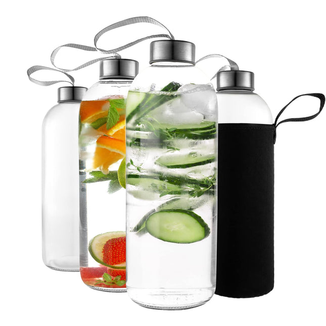 32 Oz Glass Water Bottle Set of 4 - Reusable, Eco-Friendly, Airtight, Leak Proof Bottles for Travel