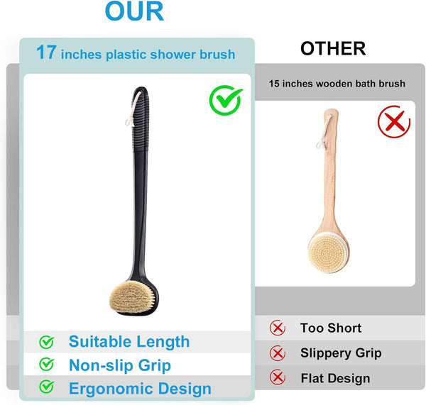 VANZAVANZU Dry Brushing Body Brush, 17-Inch Anti-Slip Handle Back Scrubber for Shower, Wet & Dry Brush with Natural Boar Bristles for Lymphatic