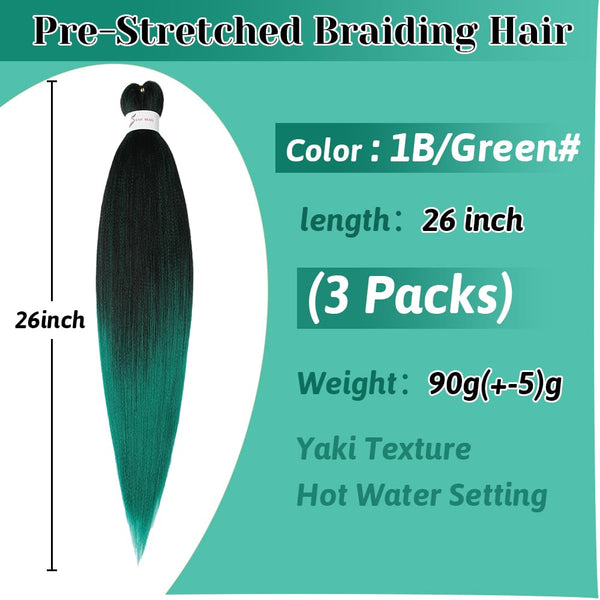 Green Pre Stretched Braiding Hair 26 Inch Braiding Hair Extensions Hot Water Setting Synthetic Hair Pre Stretched Crochet Braids Hair(26 Inch,3