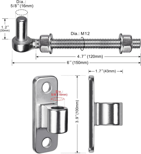 6'' J Bolt Gate Hinge and Wall Mount Hinge 2Pack, Heavy Duty 304 Stainless Steel Gate Hinges, One Piece with No Welding for Farm, Fence, Garden,