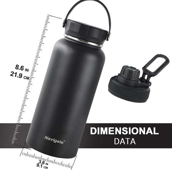 Navigate 32oz Insulated Water Bottle for Sports, Keep Cold 24H Black 32 Ounces