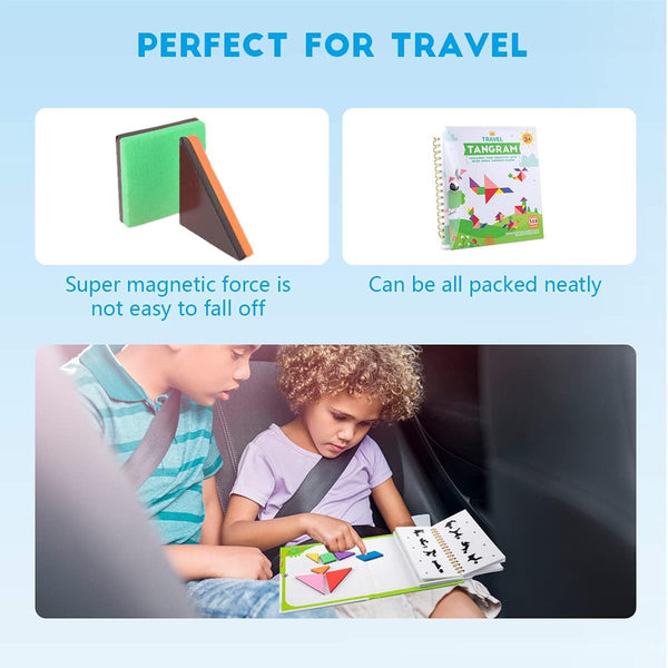Vanmor Travel Tangram Puzzle with 2 Sets Magnetic Plate-Montessori Shape Pattern Blocks Jigsaw Road Trip Games with 368 Solution - IQ Book