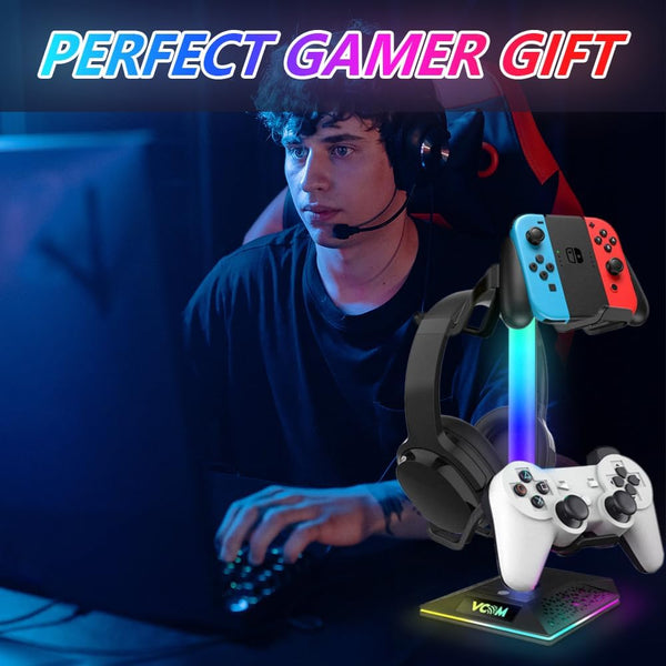 RGB Gaming Headphones Stand with 2 USB Ports Headset Stand with 10 Light Modes and Non-Slip Rubber, Suitable for All Earphone Accessories, Best
