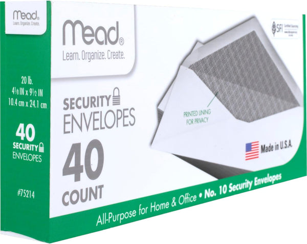 Mead 0 Envelopes, Letter Size, 4-1/8" x 9-1/2", Security Printed Lining for Privacy, Gummed Closure, Windowless, White All-Purpose for Home &