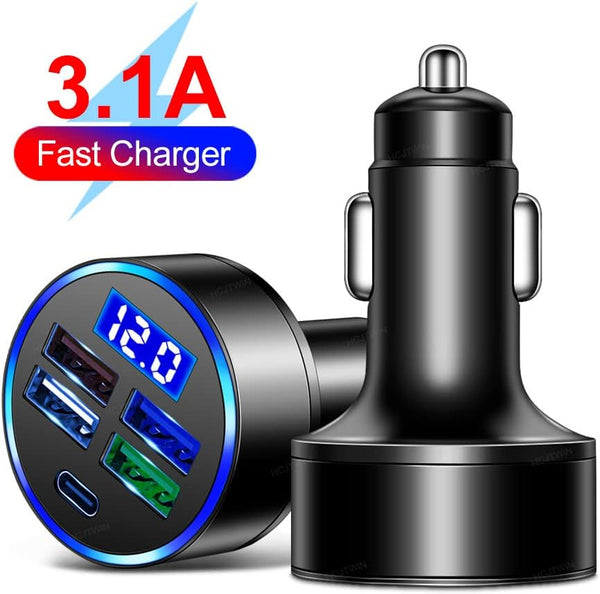 5 Port USB Car Charger(4USB+Type C) Compact Fast Charger Cigarette Lighter Adapter with LED&Voltage Monitor, Compatible with iPhone 14/Pro