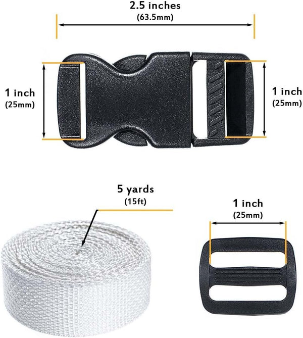 5 Set Each of 1 Inch Flat Side Release Buckles and Tri-Glides with 5 Yards of Nylon Webbing Straps - Ideal for DIY Luggage Straps, Pet Collar,