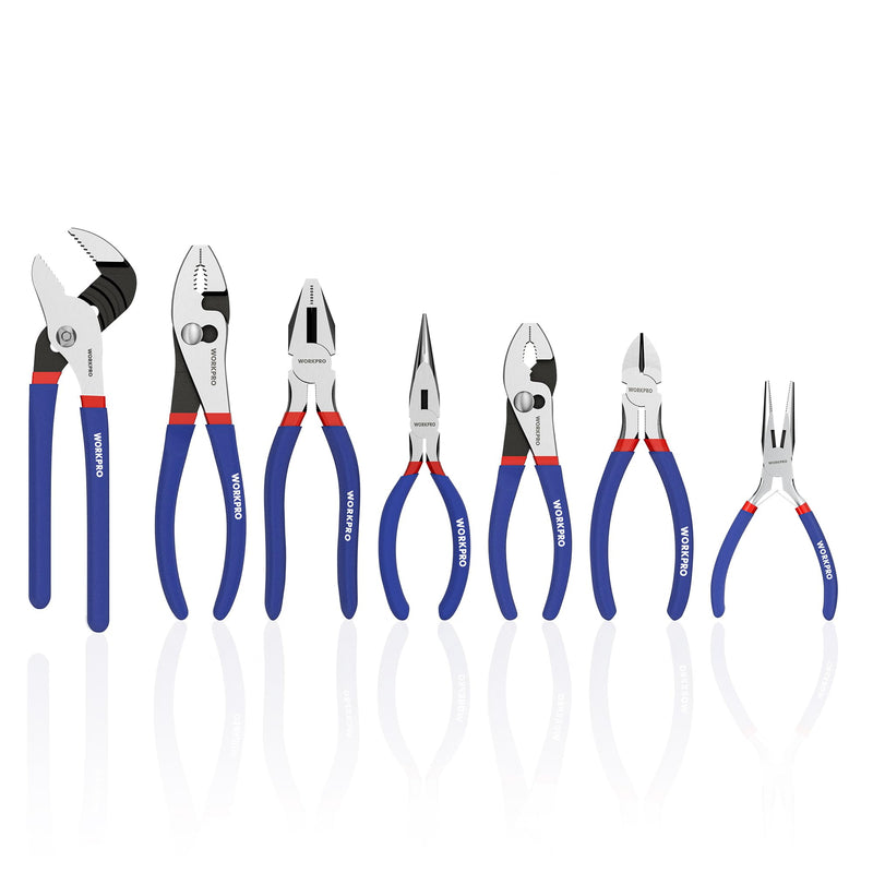 7-piece WORKPRO Pliers Set with Groove Joint, Long Nose, Slip Joint, Linesman, and Diagonal Pliers for DIY & Home Use | Groove Joint Piler, Long