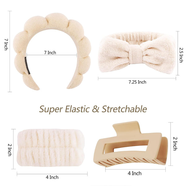 VELSCRUN Spa Headbands for Wash Face, Makeup Headband, Facial Skincare Headbands, 5 Pcs Khaki Puffy Sponge Spa Headband Bow Tie Hair Band Hair