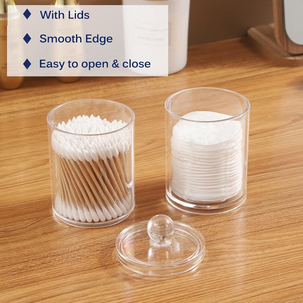 Qtip Holder Dispenser for Cotton Ball, Swab, round Pads - 10 Oz Clear Plastic Apothecary Jar Set for Bathroom Storage, Vanity Organizer