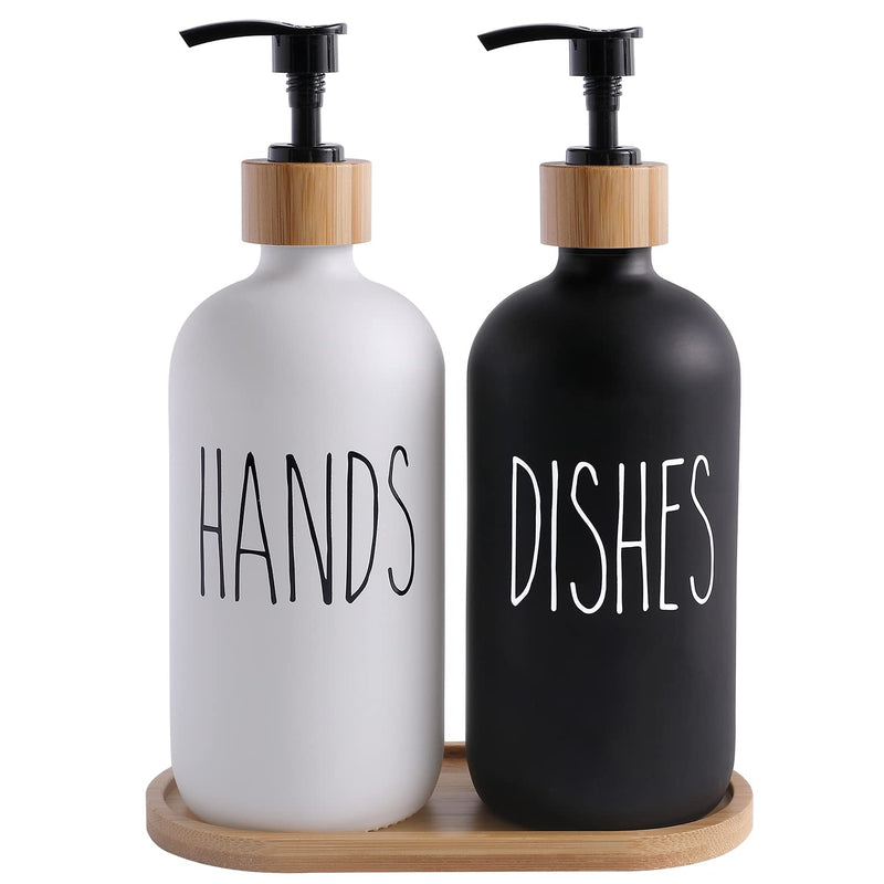 MOMEEMO Soap Dispenser Set, Contains Hand and Dish Soap Dispenser, Suitable for Kitchen Decor. (Black & White) Hd Black White & Tray