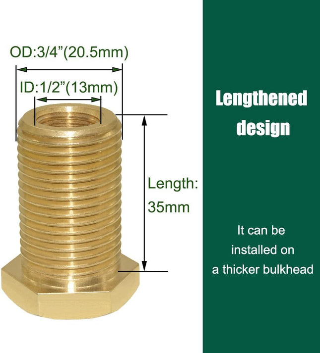 Joywayus Brass Full Thread Lengthened Bulkhead Fitting 1/4"NPT Female X 1/2" Male Bulk Head Pipe Fitting Bulkhead Tank F