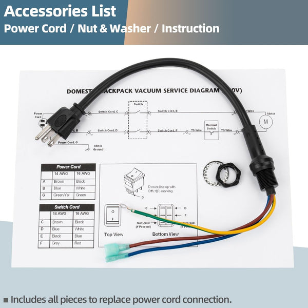 100641 Power Cord Replacement Parts Compatible wtih Pro Team Backpack Vacuum Pigtail Assembly for Supercoach, CoachVac, MegaVac, Super QuarterVac