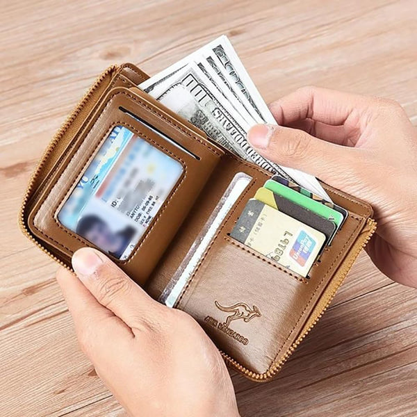 Men Wallet Zipper Genuine Leather Purs, Aiks Kangaroo Wallets, PU Stylish Soft Simple Design RFID Protected Wallet (Retro Black)