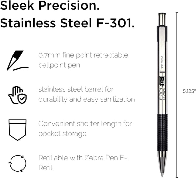 Zebra Pen F-301 Retractable Ballpoint Pen, Stainless Steel Barrel, Fine Point, 0