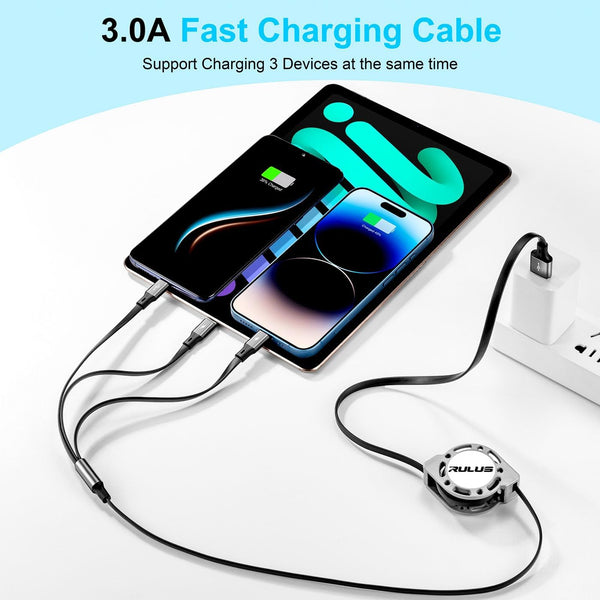 RULUS Retractable Charger 3 in 1 [2Pack,4Ft], Retractable Charging Cable Universal Charger Cable with Lightning/Type C/Micro USB for