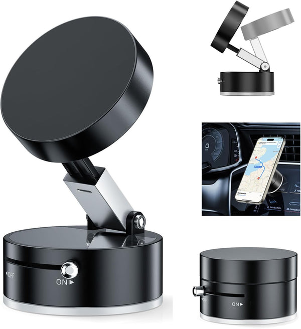 Vacuum Suction Magnetic Car Phone Holder Mount Fit All Phones,Adjustable Phone Holders for Your Car,Mechanical Lock No Need Charging,Metal Ring