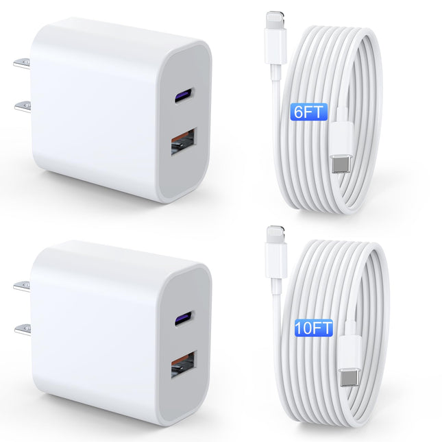 Ipad Charger 2 Pack 20W Dual Port QC + PD 3.0 Power Adapter Fast Wall Charger Block with 6FT&10FT Lightning Cord Cable f