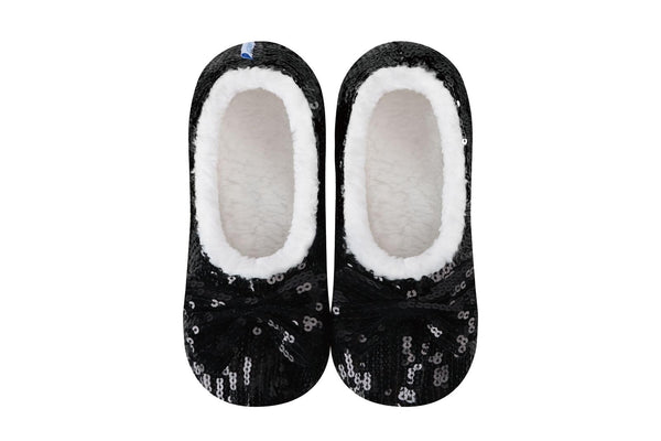 Snoozies Ballerina Bling Metallic Shine Slippers | Sequin House Shoes for Women | Slipper Socks with Grippers | Cute Indoor Footwear Medium Black