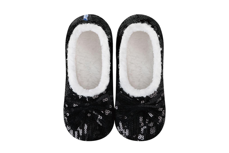 Snoozies Ballerina Bling Metallic Shine Slippers | Sequin House Shoes for Women | Slipper Socks with Grippers | Cute Indoor Footwear Medium Black