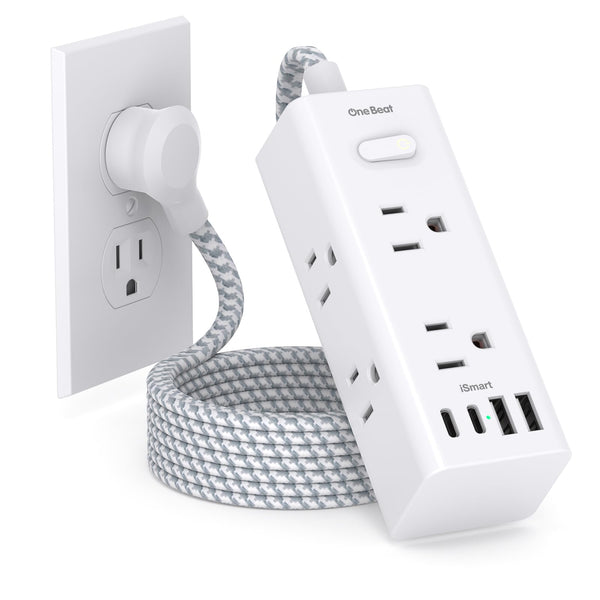 Power Strip Surge Protector - One Beat 6 Widely Outlets with 3 USB Ports (1 USB C), 5 Ft Extension Cord Flat Plug, Wall Mount Outlet Extender