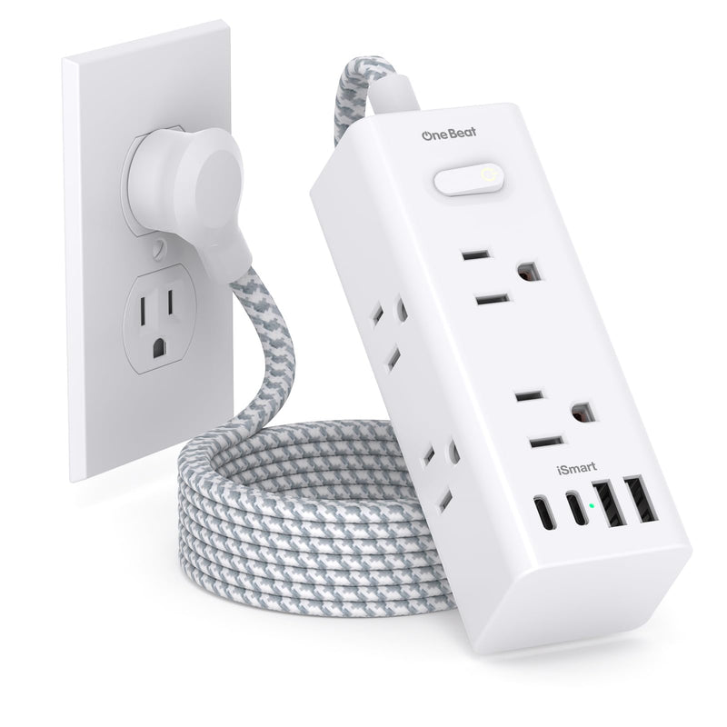 Power Strip Surge Protector - One Beat 6 Widely Outlets with 3 USB Ports (1 USB C), 5 Ft Extension Cord Flat Plug, Wall Mount Outlet Extender