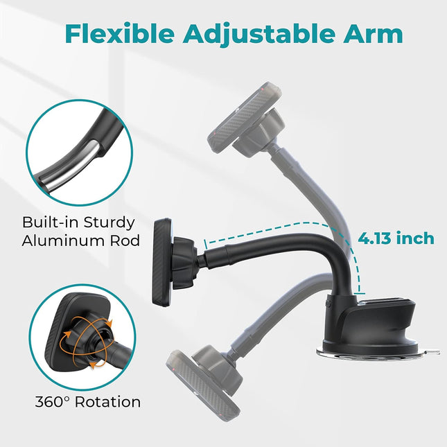 Apps2Car Magnetic Phone Holder for Car, Dashboard Windshield Phone Holder Mount with Flexible Arm & Built-In Strong Magn