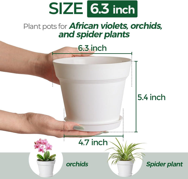 T4U Plant Pots Indoor 6 Inch 8 Pack, Plastic Flower Pots with Saucer White 6 inch White