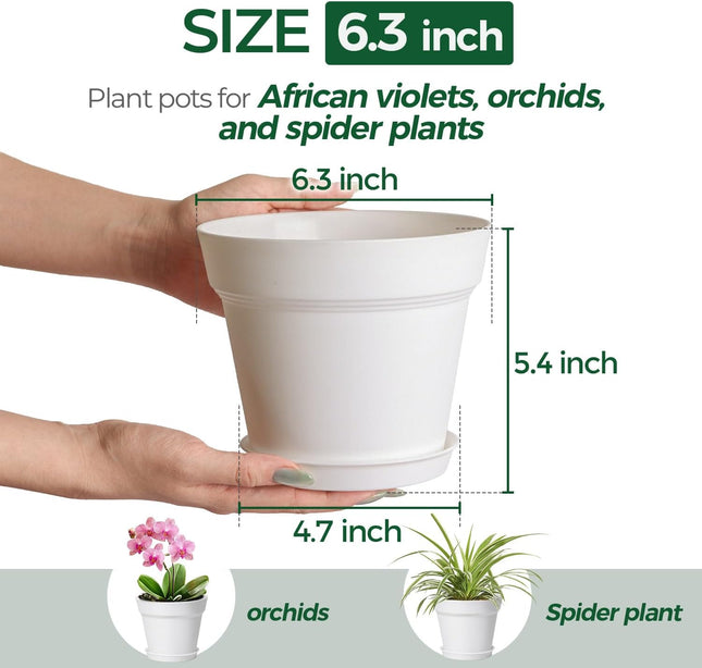 T4U Plant Pots Indoor 6 Inch 8 Pack, Plastic Flower Pots with Saucer White 6 inc