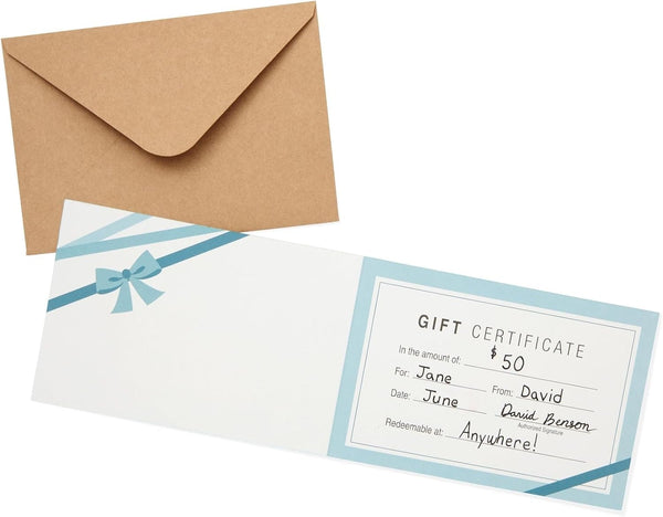 Juvale Blank Gift Cards - 36-Pack 4 x 6 in Blue 250 GSM & Envelopes - Customizable Gift Certificates for Business, Salon & Spa - Paper
