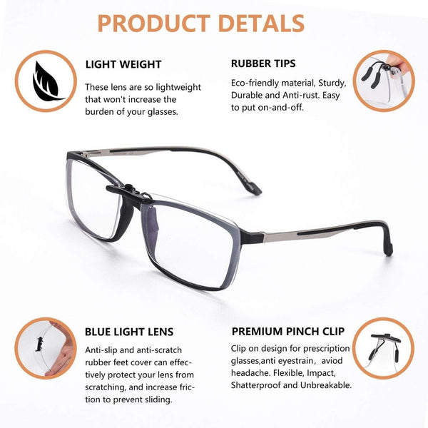FONHCOO Clip on Blue Light Blocking Glasses Womens Mens over Prescription Glasses Frameless Lens Transparent
