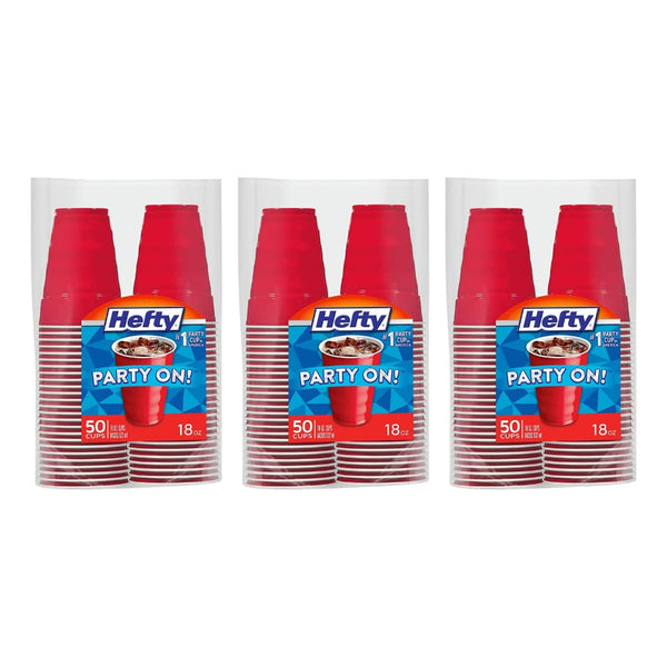 Hefty Party on Disposable Plastic Cups, Red, 18 Ounce, 50 Count (Pack of 3), 150 Total