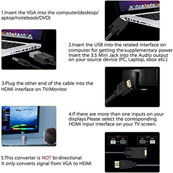 ONTEN VGA to HDMI, 1080P VGA to HDMI Adapter (Male to Female) for Computer, Desktop, Laptop, PC, Monitor, Projector, HDTV with Audio Cable and USB