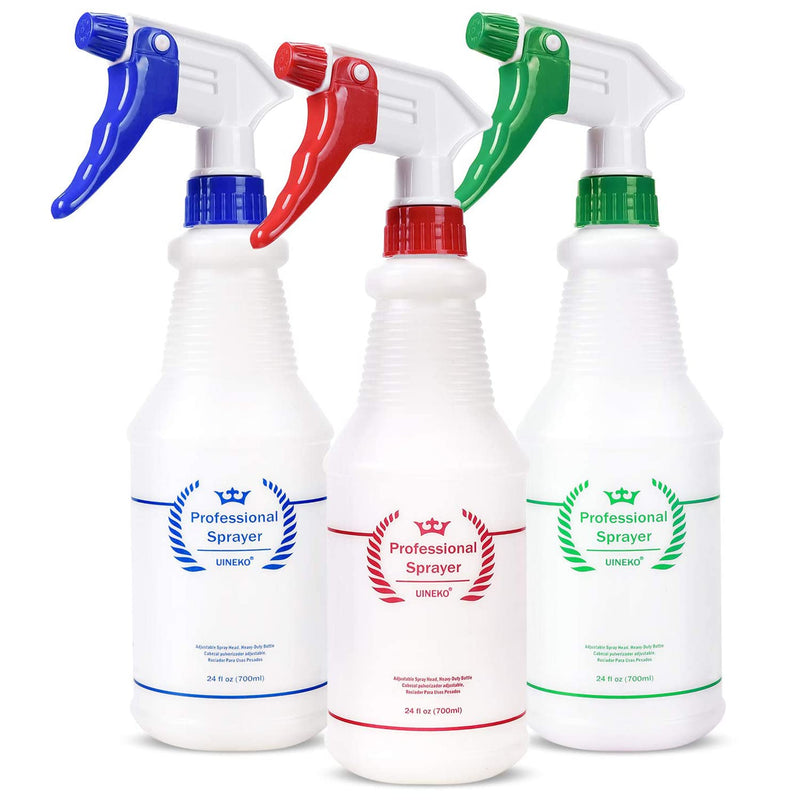 Plastic Spray Bottle (3 Pack, 24 Oz, 3 Colors) Heavy Duty All-Purpose Empty Spraying Leak Proof Mist Water Bottles for Cleaning Solutions Plants