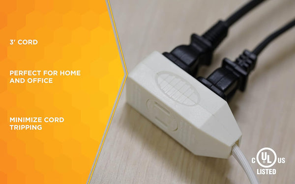 Woods SlimLine Extension Cord - 16/3 Indoor Flat Plug with Right Angled Design - 3 Polarized Outlets - PVC Jacket - Space Saving - Neutral White -