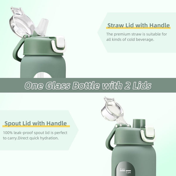 chunmo 32 oz Glass Water Bottles with 2 Lids-Handle Spout Lid & Straw Lid, 1 Liter Motivational Borosilicate Water Bottle with Time Marker and