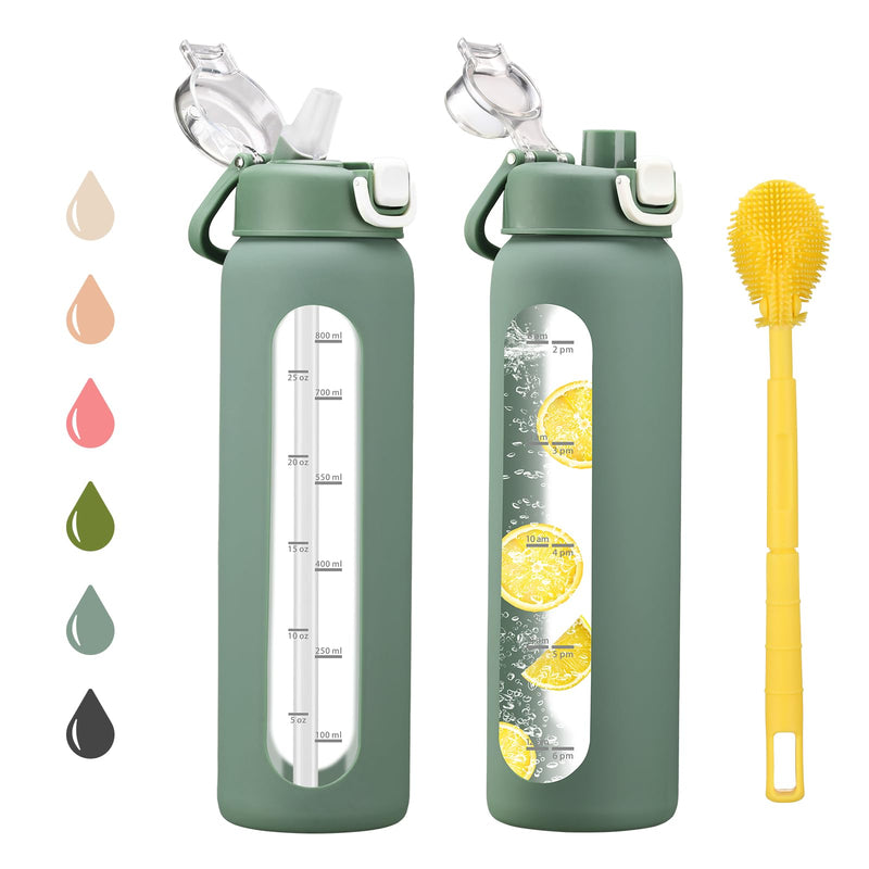chunmo 32 oz Glass Water Bottles with 2 Lids-Handle Spout Lid & Straw Lid, 1 Liter Motivational Borosilicate Water Bottle with Time Marker and