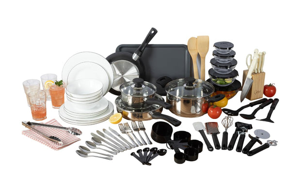 Gibson Home 74 Piece Kitchen in a Box Pots and Pans Cookware, Plates and Bowls Dinnerware, Cutlery Knife Block, Flatware Utensils, Tools &
