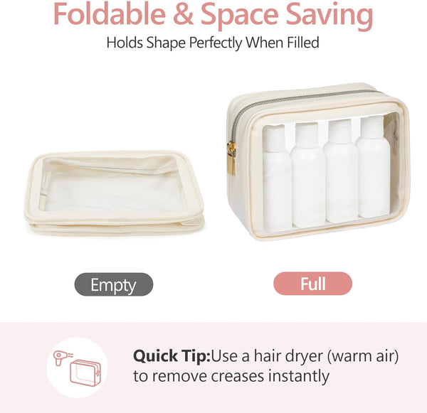 PACKISM Clear Makeup Bag - Soft Plastic Color-Edged TSA Approved Toiletry Bag, Reusable Clear Toiletry Bags with Golden Zipper, Beige